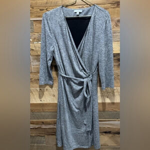 H by Halston Gray wrap dress midi beaded neckline vneck 3/4 sleeve knit USM